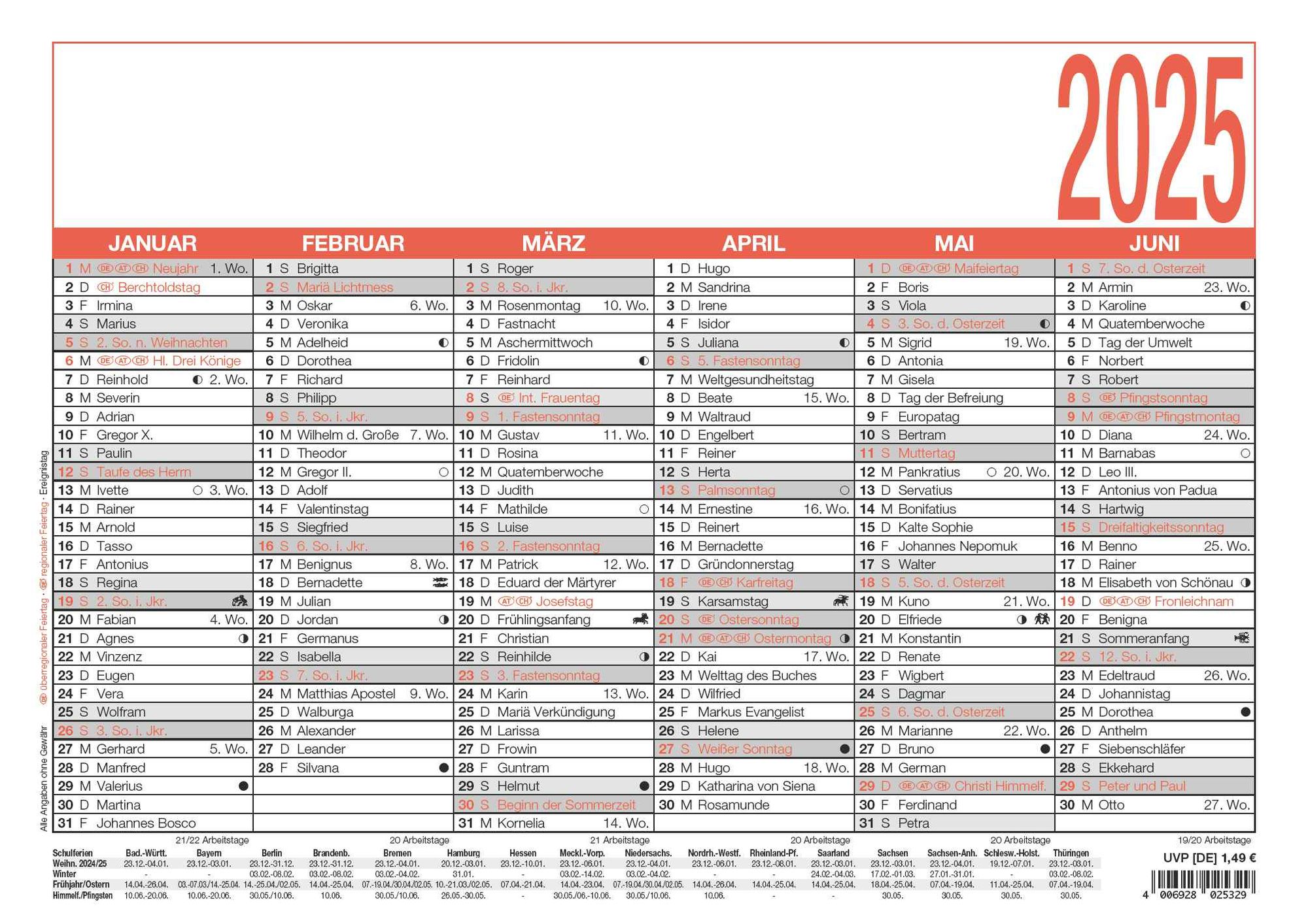 'Namenstagekalender 2025 - A4 (29,7 x 21 cm) - 6 Monate auf 1 Seite - Tafelkalender 