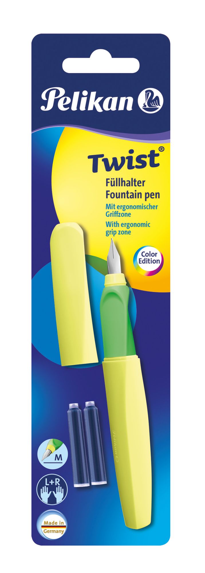 Pelikan Füllhalter Twist, Gelb, Rechts- universell und M, Neon Feder für Linkshänder