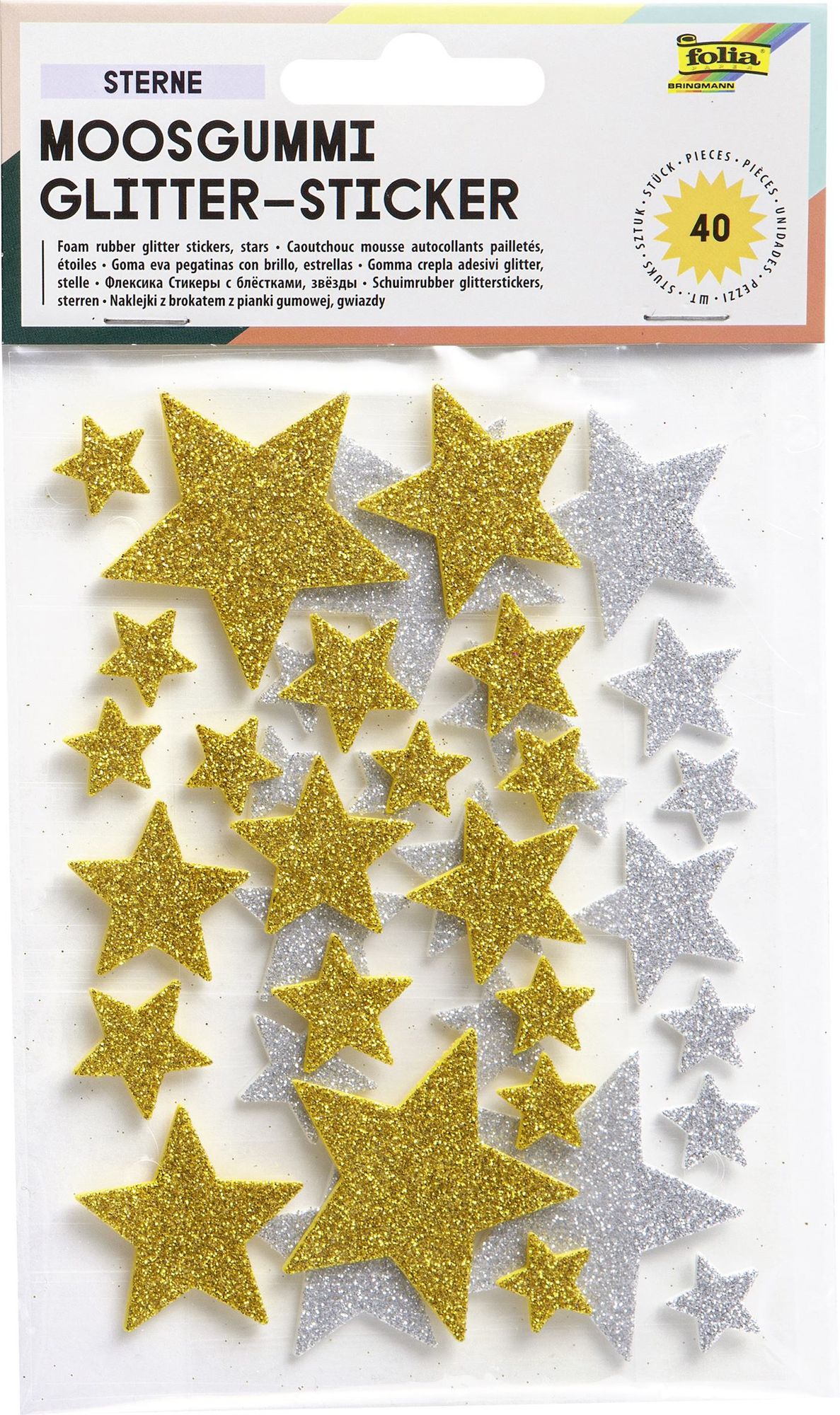 Folia Moosgummi Glitter-Sticker STERNE I , 40 Stück gold/silber