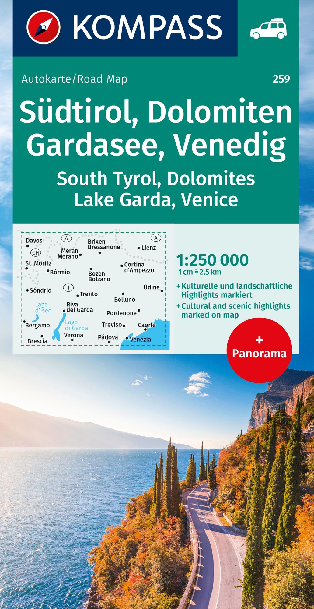 Kompass Autokarte mit Panorama 360 Italien - Gardasee 1:125.000