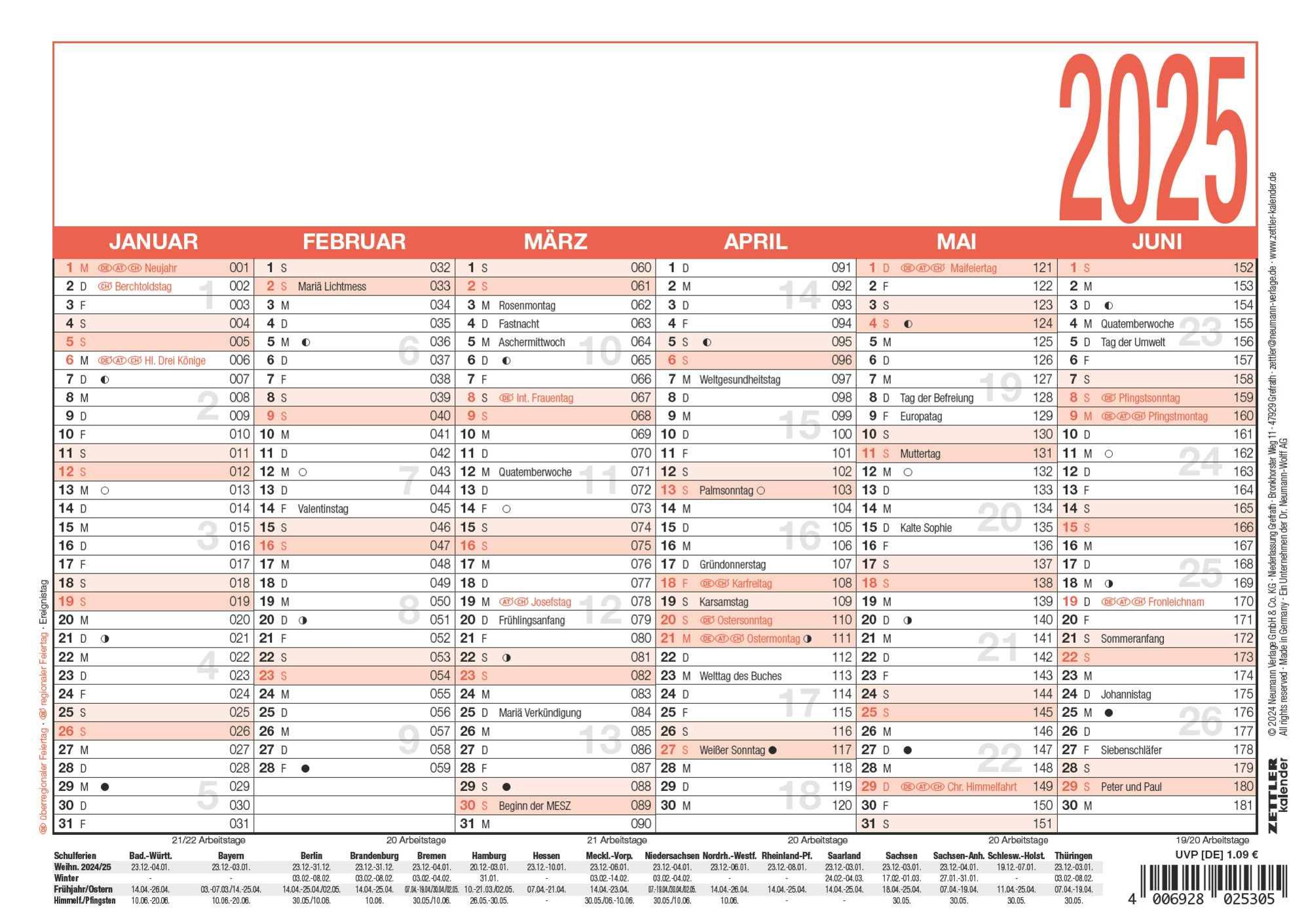 'Zettler Arbeitstagekalender 2025 weiß/rot, 21x14,8cm, Plakatkalender