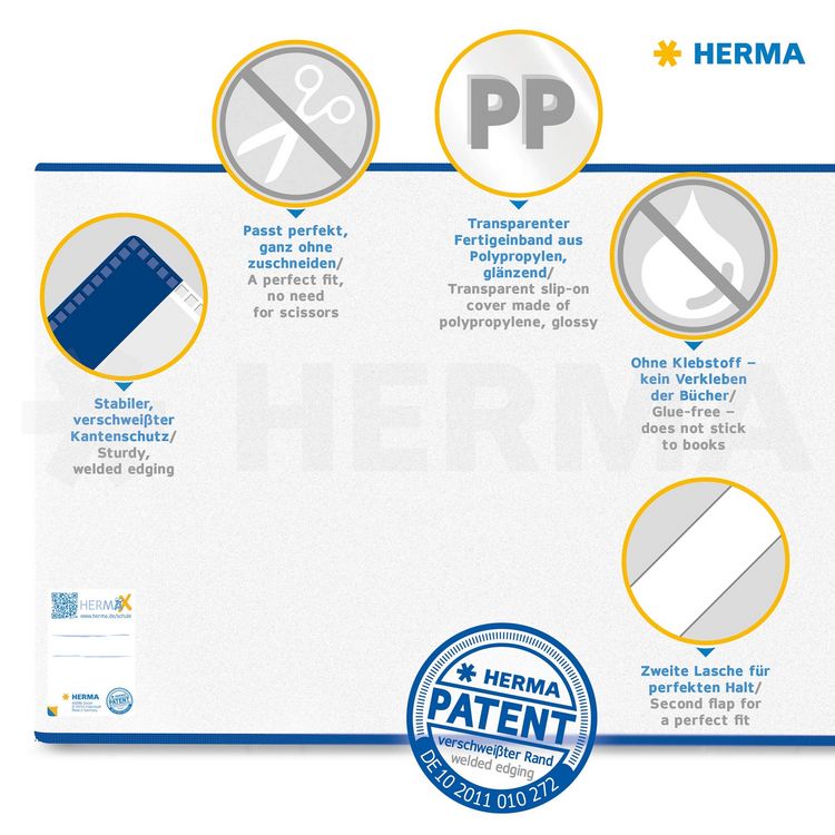 Produktbild: Herma HERM&Auml;X 7265 - Buchumschlag Classic, Gr&ouml;&szlig;e 265 x 540 mm, Kunststoff transparent, blauer Rand, 1 Buchschoner f&uuml;r Schulb&uuml;cher