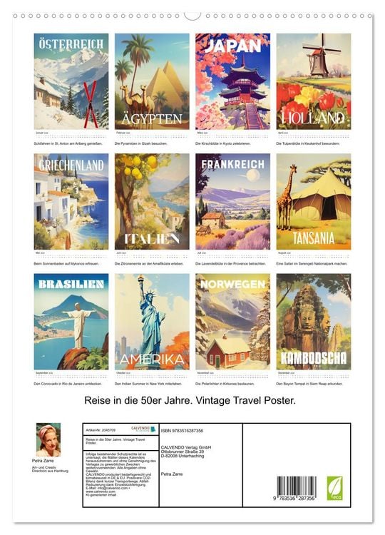 Produktbild: Reise in die 50er Jahre. Vintage Travel Poster. (hochwertiger Premium Wandkalender 2026 DIN A2 hoch), Kunstdruck in Hochglanz