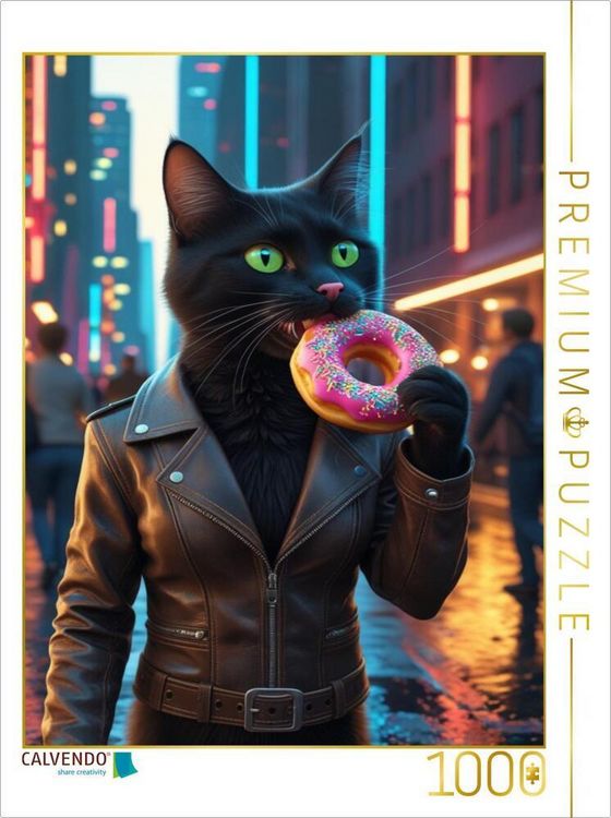 Produktbild: CALVENDO Puzzle Coole schwarze Katze mit Donut - urbanes Katzenbild f&uuml;r Trendsetter | 1000 Teile Lege-Gr&ouml;&szlig;e 64x48cm Foto-Puzzle f&uuml;r gl&uuml;ckliche Stunden
