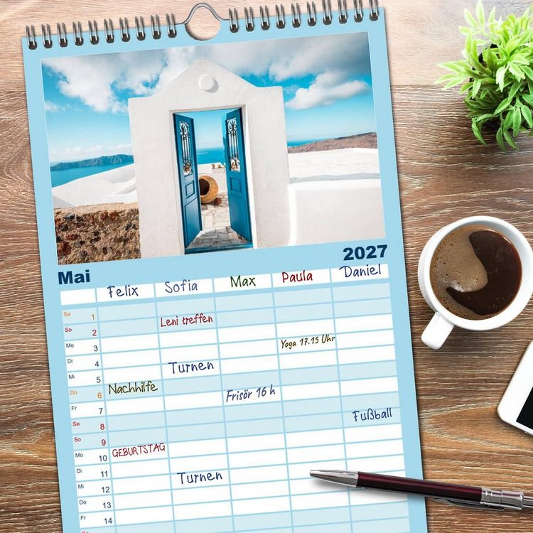 Produktbild: Familienplaner 2027 - Santorini - Die Perle der Kykladen mit 5 Spalten (Wandkalender, 21 x 45 cm) CALVENDO