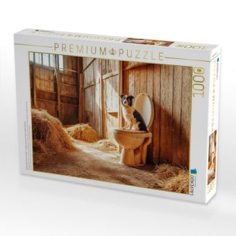 Produktbild: CALVENDO Puzzle Kackender Hund im Stall - Lustiger Aussie auf dem stillen &Ouml;rtchen | 1000 Teile Lege-Gr&ouml;&szlig;e 64x48cm Foto-Puzzle f&uuml;r gl&uuml;ckliche Stunden
