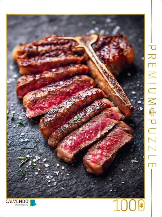 Produktbild: CALVENDO Puzzle Saftiges T-Bone-Steak in Scheiben mit grobem Salz | 1000 Teile Lege-Gr&ouml;&szlig;e 64x48cm Foto-Puzzle f&uuml;r gl&uuml;ckliche Stunden