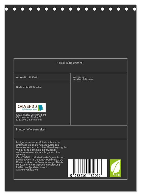 Produktbild: Harzer Wasserwelten (Tischkalender 2026 DIN A5 hoch), CALVENDO Monatskalender