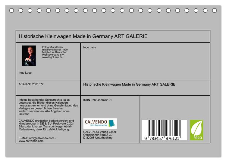 Produktbild: Historische Kleinwagen Made in Germany ART GALERIE (Tischkalender 2026 DIN A5 quer), CALVENDO Monatskalender