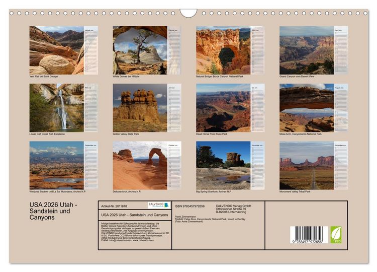 Produktbild: USA 2026 Utah - Sandstein und Canyons (Wandkalender 2026 DIN A3 quer), CALVENDO Monatskalender