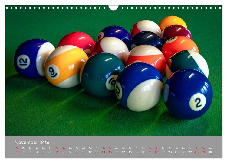 Produktbild: Freizeit Billard - Queue, Kugeln, Kreide und Tisch (Wandkalender 2026 DIN A3 quer), CALVENDO Monatskalender