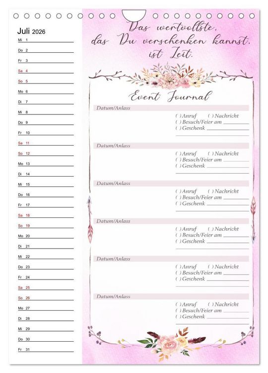 Produktbild: Geburtstagsplaner Boho Rosa - F&uuml;r Termine, Geschenke, Eventdetails & mehr (Wandkalender 2026 DIN A4 hoch), CALVENDO Monatskalender