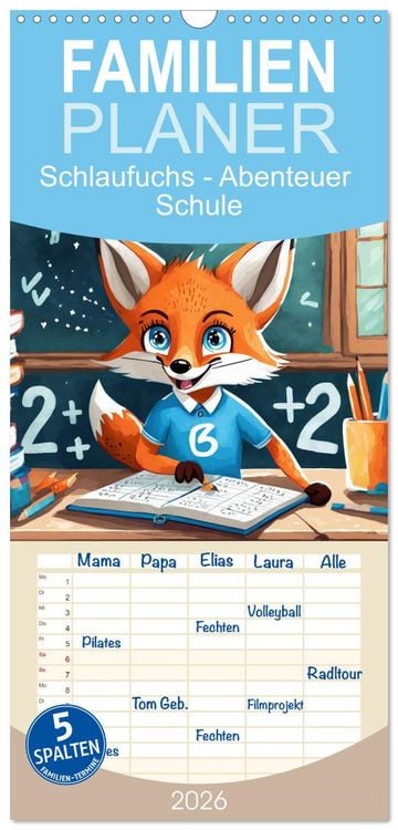 Produktbild: Familienplaner 2026 - Schlaufuchs - Abenteuer Schule mit 5 Spalten (Wandkalender, 21 x 45 cm) CALVENDO