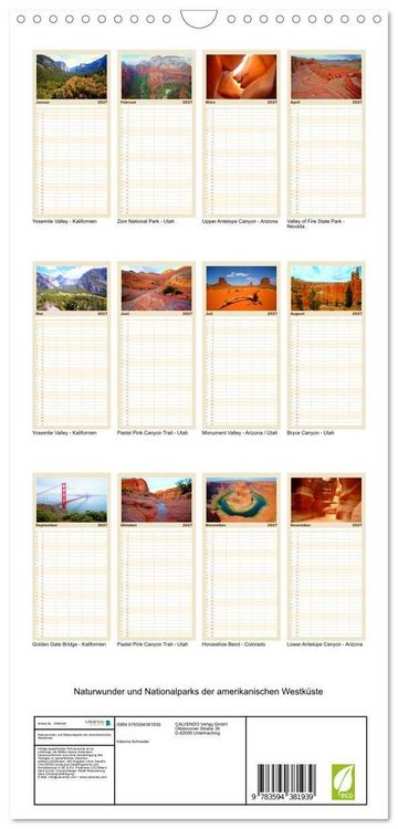 Produktbild: Familienplaner 2027 - Naturwunder und Nationalparks der amerikanischen Westk&uuml;ste mit 5 Spalten (Wandkalender, 21 x 45 cm) CALVENDO