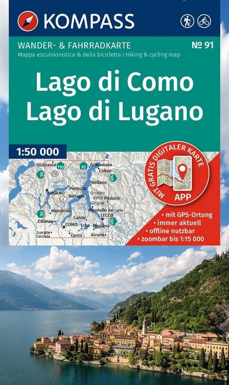 Produktbild: KOMPASS Wanderkarte 91 Lago di Como, Lago di Lugano 1:50.000