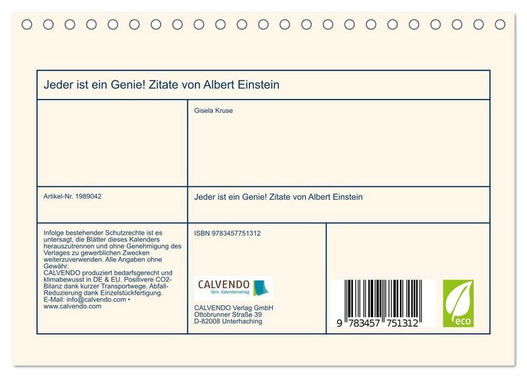 Produktbild: Jeder ist ein Genie! Zitate von Albert Einstein (Tischkalender 2026 DIN A5 quer), CALVENDO Monatskalender