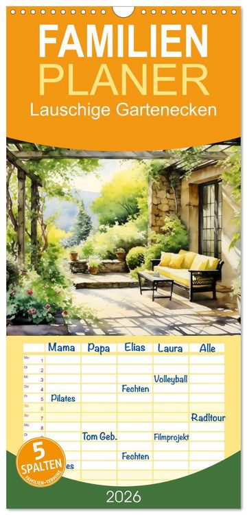 Produktbild: Familienplaner 2026 - Lauschige Gartenecken mit 5 Spalten (Wandkalender, 21 x 45 cm) CALVENDO