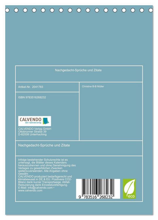 Produktbild: Nachgedacht-Spr&uuml;che und Zitate (Tischkalender 2026 DIN A5 hoch), CALVENDO Monatskalender