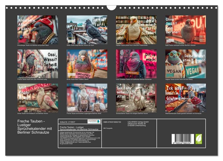 Produktbild: Freche Tauben - Lustiger Spr&uuml;chekalender mit Berliner Schnautze (Wandkalender 2026 DIN A3 quer), CALVENDO Monatskalender