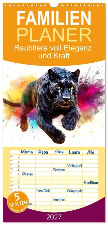 Produktbild: Familienplaner 2027 - Raubtiere voll Eleganz und Kraft mit 5 Spalten (Wandkalender, 21 x 45 cm) CALVENDO