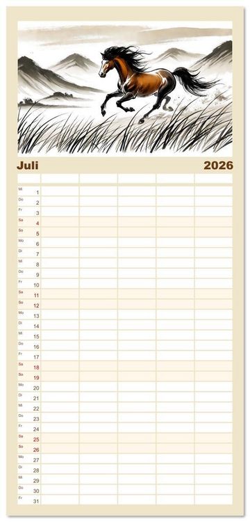 Produktbild: Familienplaner 2026 - Chinesische Tierkreiszeichen - Kunstvolle KI-Tuschemalerei des Ostens mit 5 Spalten (Wandkalender, 21 x 45 cm) CALVENDO