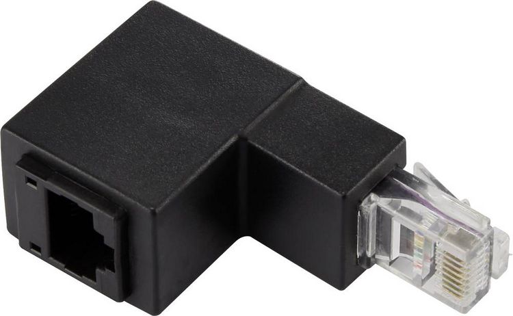 Produktbild: RJ45 Netzwerk Adapter CAT 5e 90&deg; nach unten gewinkelt [1x RJ45-Stecker - 1x RJ45-Buchse] 0.00 m Schwarz Renkforce