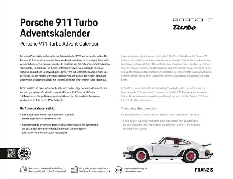 Produktbild: FRANZIS 67322 - Porsche 911 Turbo Adventskalender - Ma&szlig;stab 1:24 in Grand-Prix-Wei&szlig;
