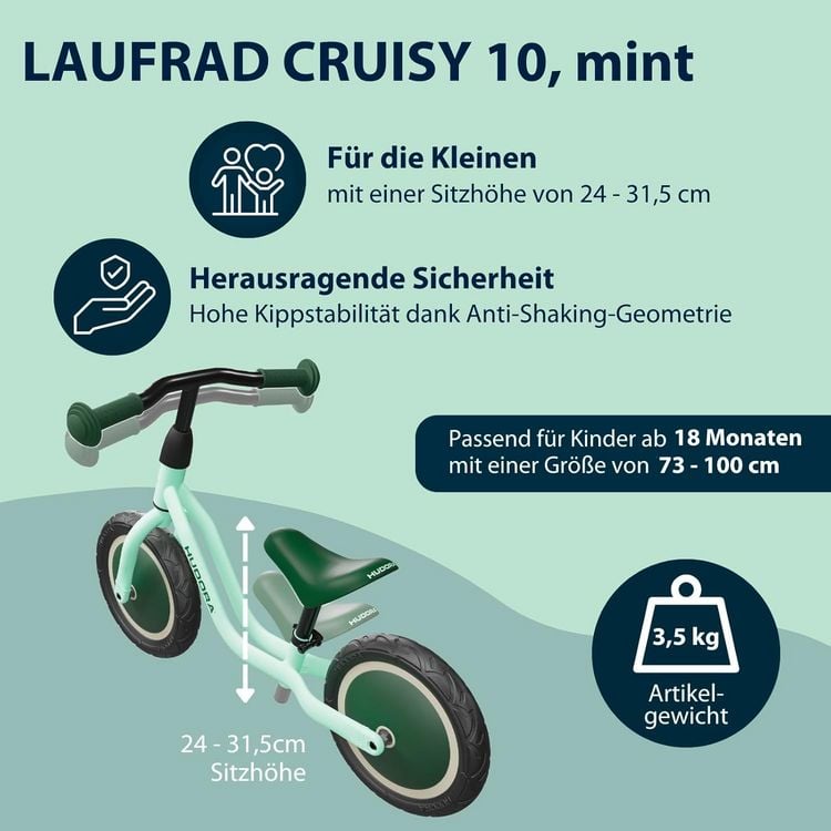 Produktbild: HUDORA 10922 - Laufrad Cruisy 10 mint, f&uuml;r Kinder von 78-100 cm, Sitzh&ouml;he: 24-31,5 cm