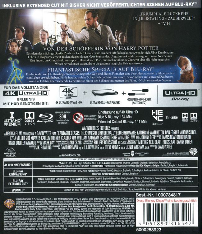Produktbild: Phantastische Tierwesen - Grindelwalds Verbrechen (Kinofassung auf 4K Ultra HD & Blu-ray + Extended Cut auf Blu-ray)