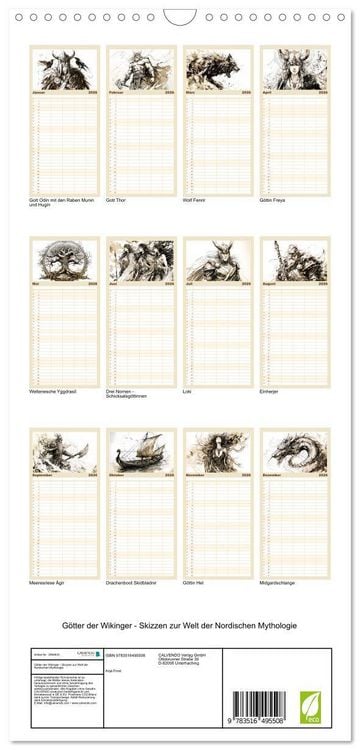 Produktbild: Familienplaner 2026 - G&ouml;tter der Wikinger - Skizzen zur Welt der Nordischen Mythologie mit 5 Spalten (Wandkalender, 21 x 45 cm) CALVENDO