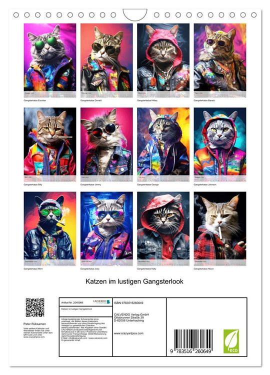 Produktbild: Katzen im lustigen Gangsterlook (Wandkalender 2026 DIN A4 hoch), CALVENDO Monatskalender