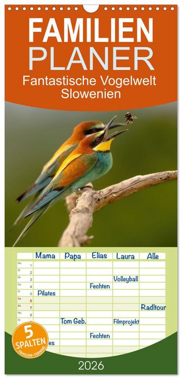 Produktbild: Familienplaner 2026 - Fantastische Vogelwelt Slowenien mit 5 Spalten (Wandkalender, 21 x 45 cm) CALVENDO