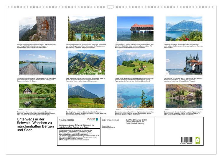 Produktbild: Unterwegs in der Schweiz: Wandern zu m&auml;rchenhaften Bergen und Seen (Wandkalender 2026 DIN A2 quer), CALVENDO Monatskalender