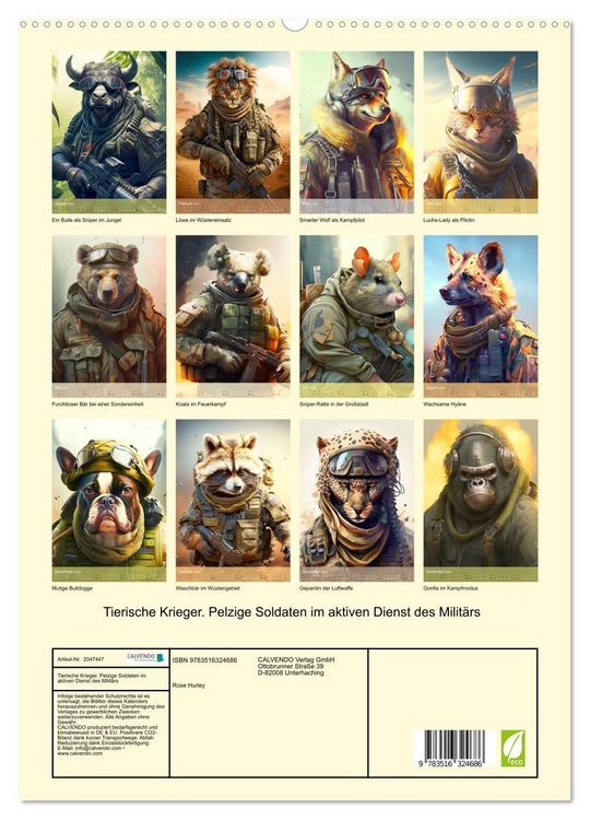 Produktbild: Tierische Krieger. Pelzige Soldaten im aktiven Dienst des Milit&auml;rs (hochwertiger Premium Wandkalender 2026 DIN A2 hoch), Kunstdruck in Hochglanz