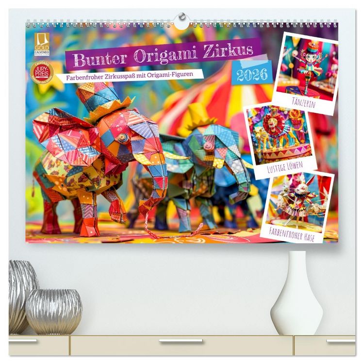 Produktbild: Bunter Origami Zirkus - Farbenfroher Zirkusspa&szlig; mit Origami-Figuren (hochwertiger Premium Wandkalender 2026 DIN A2 quer), Kunstdruck in Hochglanz