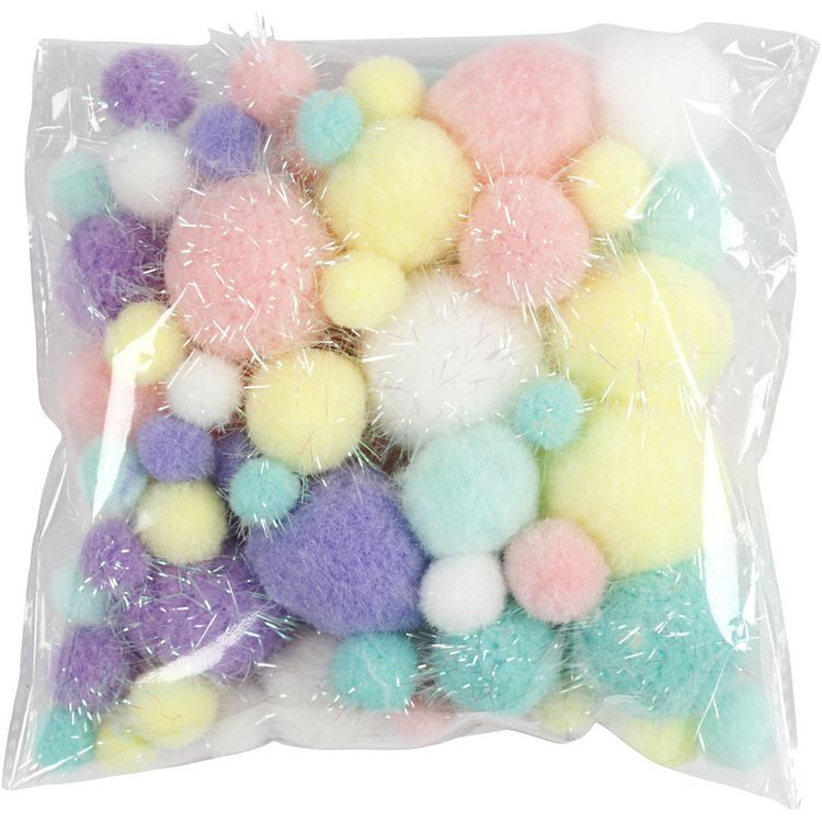Produktbild: Creativ Company Pompons, D 15-40 mm, Glitter, Pastellfarben, 62 g