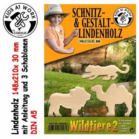 Produktbild: Corvus A600581 - Kids-at-Work, Wildtiere 2-Gro&szlig; (L&ouml;we/Leopard/Kamel), Schnitz- & Gestalt-Lindenholz A5/30mm