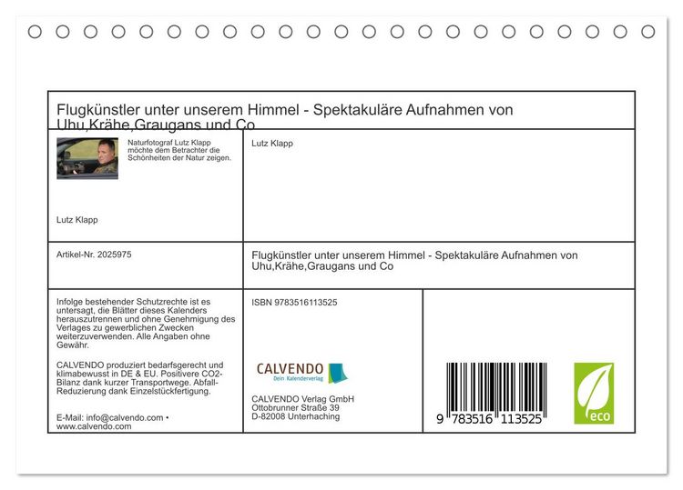 Produktbild: Flugk&uuml;nstler unter unserem Himmel - Spektakul&auml;re Aufnahmen von Uhu,Kr&auml;he,Graugans und Co (Tischkalender 2026 DIN A5 quer), CALVENDO Monatskalender
