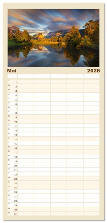 Produktbild: Familienplaner 2026 - Bezaubernde Bergseen mit 5 Spalten (Wandkalender, 21 x 45 cm) CALVENDO