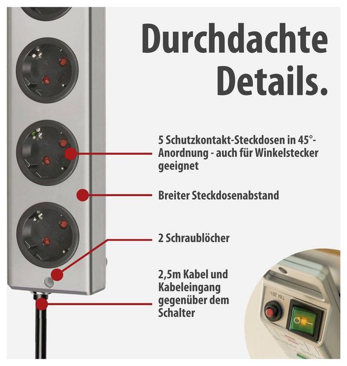 Produktbild: Brennenstuhl 1153340115 Steckdosenleiste mit Schalter 5fach Silber Schutzkontakt 1 St.