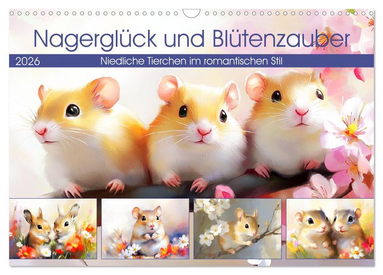 Produktbild: Nagergl&uuml;ck und Bl&uuml;tenzauber. Niedliche Tierchen im romantischen Stil (Wandkalender 2026 DIN A3 quer), CALVENDO Monatskalender