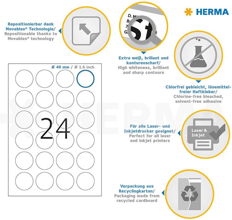 Produktbild: Herma Etiketten A4 40mm rund 25 Blatt 600 St&uuml;ck