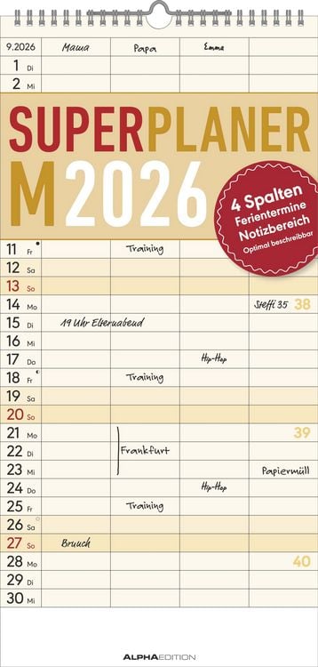 Bild vom Artikel Superplaner M 2026 4 Spalten - Familien-Timer 22x45 cm - Offset-Papier - mit Ferienterminen - Wand-Planer - Familienkalender - Alpha Edition vom Autor Alpha Edition