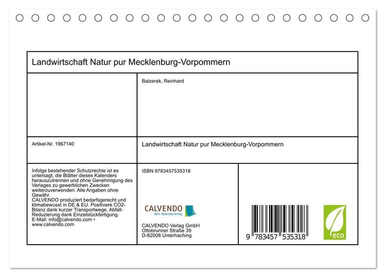 Produktbild: Landwirtschaft Natur pur Mecklenburg-Vorpommern (Tischkalender 2026 DIN A5 quer), CALVENDO Monatskalender