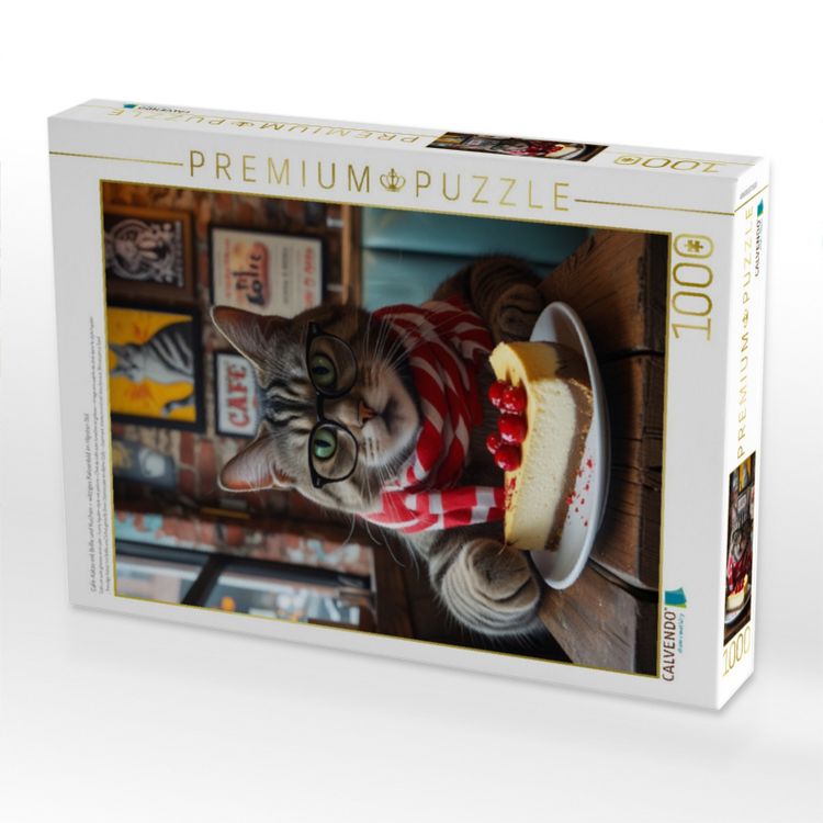 Produktbild: CALVENDO Puzzle Caf&eacute;-Katze mit Brille und Kuchen - witziges Katzenbild im Hipster-Stil | 1000 Teile Lege-Gr&ouml;&szlig;e 64x48cm Foto-Puzzle f&uuml;r gl&uuml;ckliche Stun