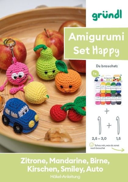 Produktbild: Gr&uuml;ndl Amigurumi H&auml;kel Set Happy: 10 Kn&auml;uel, H&auml;kelnadel 2,5mm + 1,5mm, Anleitung