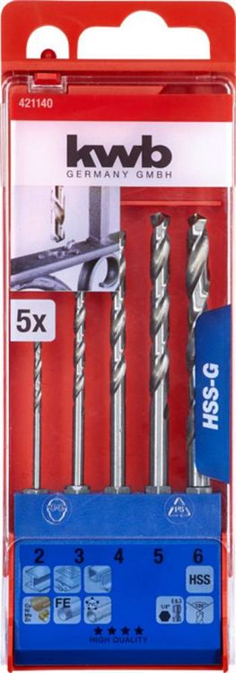 Produktbild: kwb 421140 HSS Metall-Spiralbohrer-Set 5teilig 2 mm, 3 mm, 4 mm, 5 mm, 6 mm DIN 1412 C 1/4" (6.3 mm) 1 St.