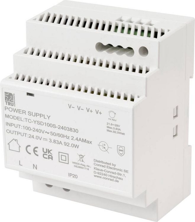 Produktbild: TRU COMPONENTS TC-13710888 Hutschienen-Netzteil (DIN-Rail) Verbrauch (StandBy) 0.3 W 24 V/DC 3.83 A 92 W Anzahl Ausg&auml;nge:1 x Inhalt 1 St.