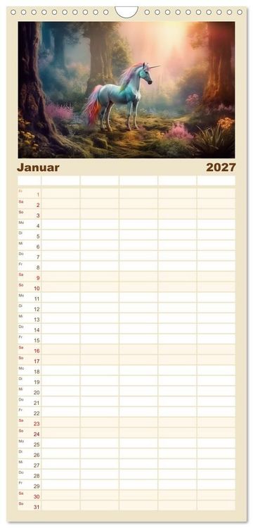 Produktbild: Familienplaner 2027 - Magische Momente im Land der Einh&ouml;rner mit 5 Spalten (Wandkalender, 21 x 45 cm) CALVENDO