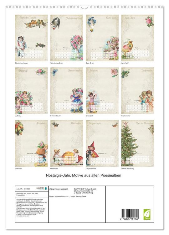 Produktbild: Nostalgie-Jahr, Motive aus alten Poesiealben (hochwertiger Premium Wandkalender 2026 DIN A2 hoch), Kunstdruck in Hochglanz
